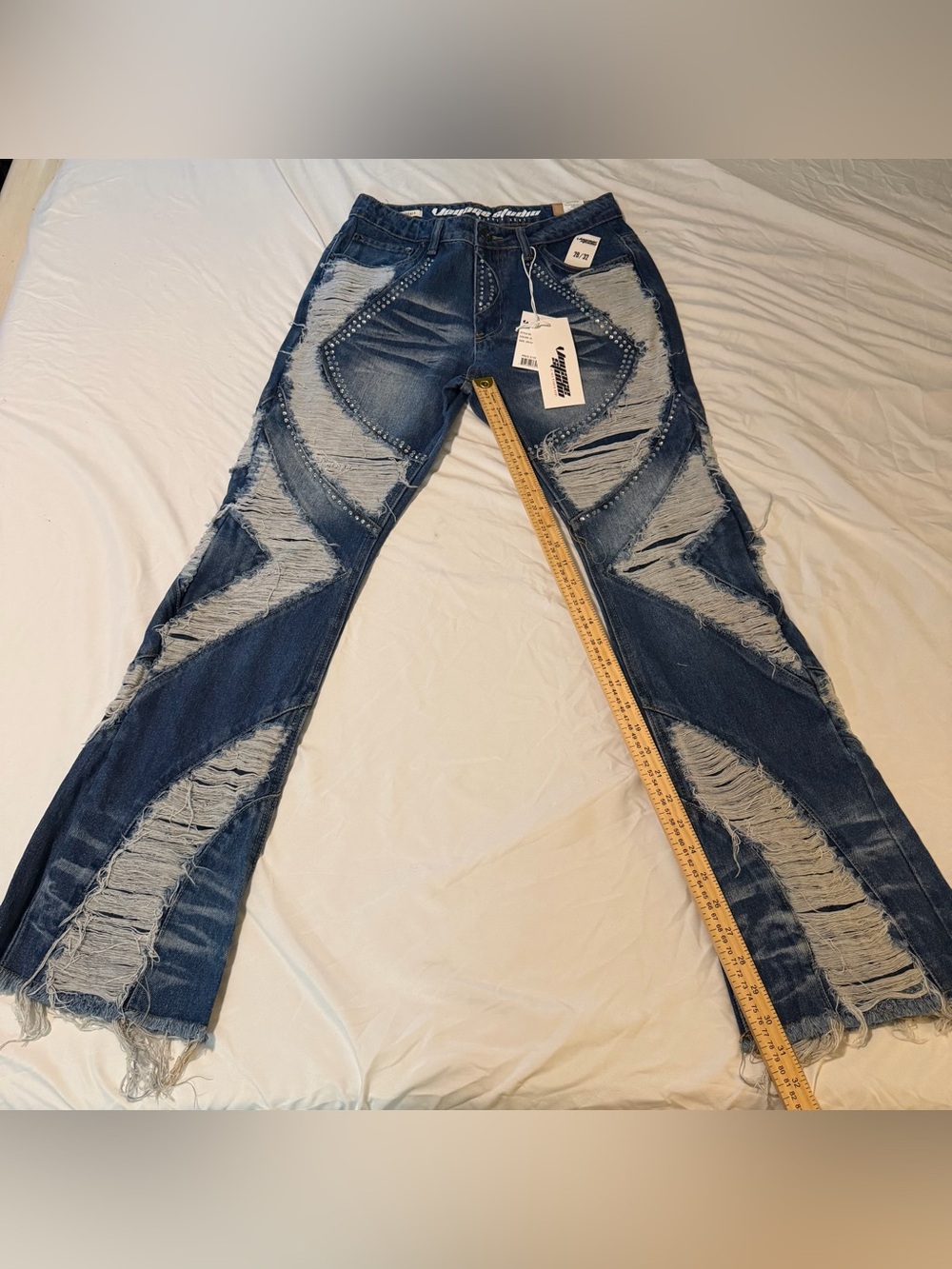 Frayed Dark Blue Men's Wide-Leg Jeans with Stud Detailing